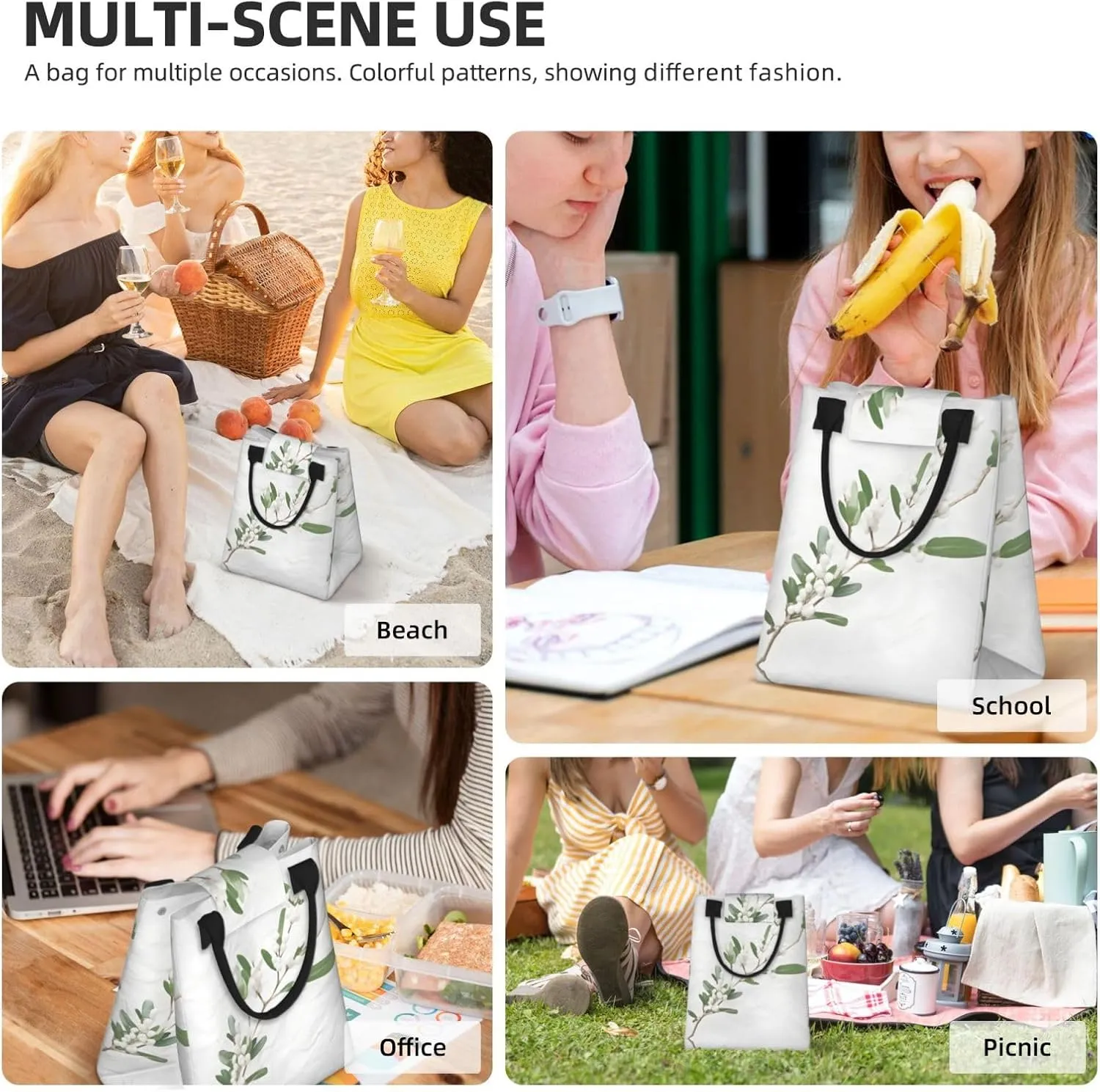 White Wild Green Twig Reusable Paper Bag For Office Workers, Suitable For Picnic, Travel, More