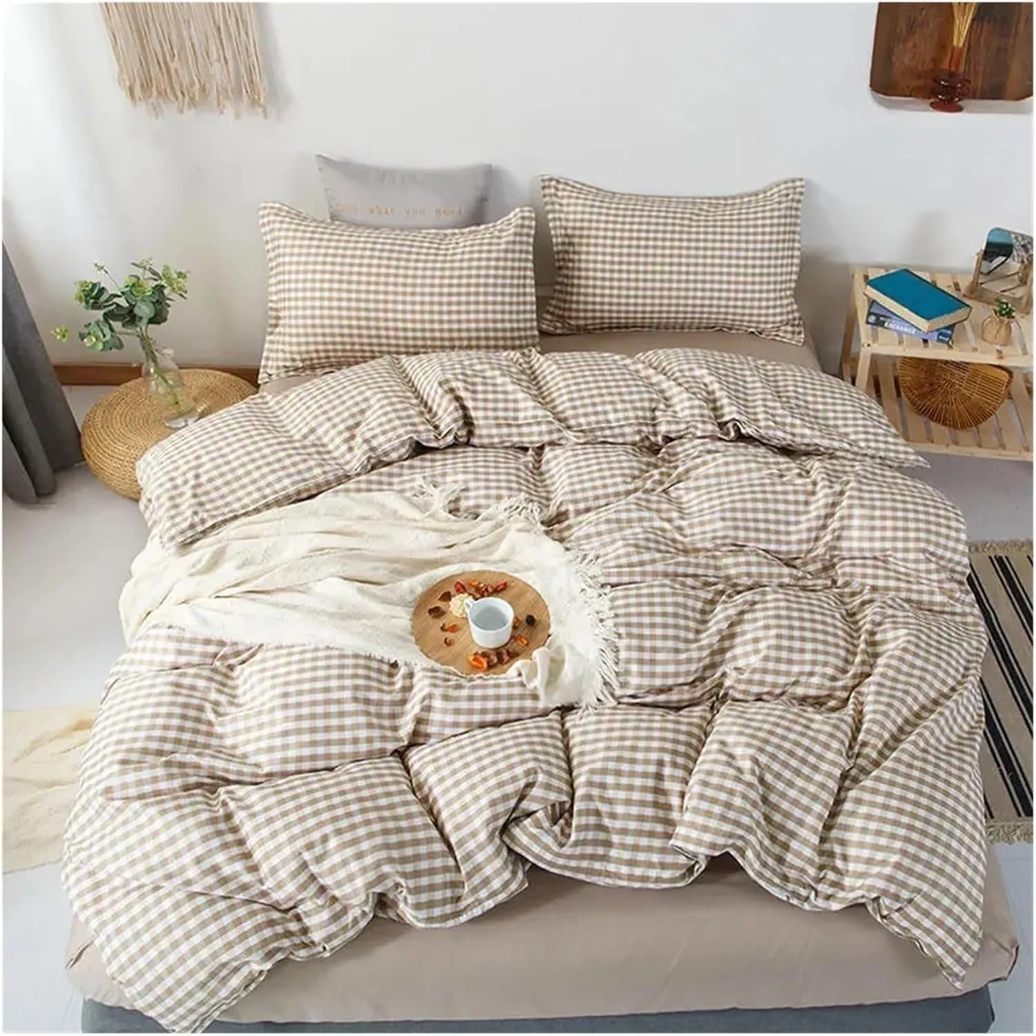 Winter Fashion Bedding Set White Green Double Bed Linens - Duvet Cover Pillowcase Queen Size Flat Sheet Classic Grid,Bedding Set(B,Twin 4pcs)