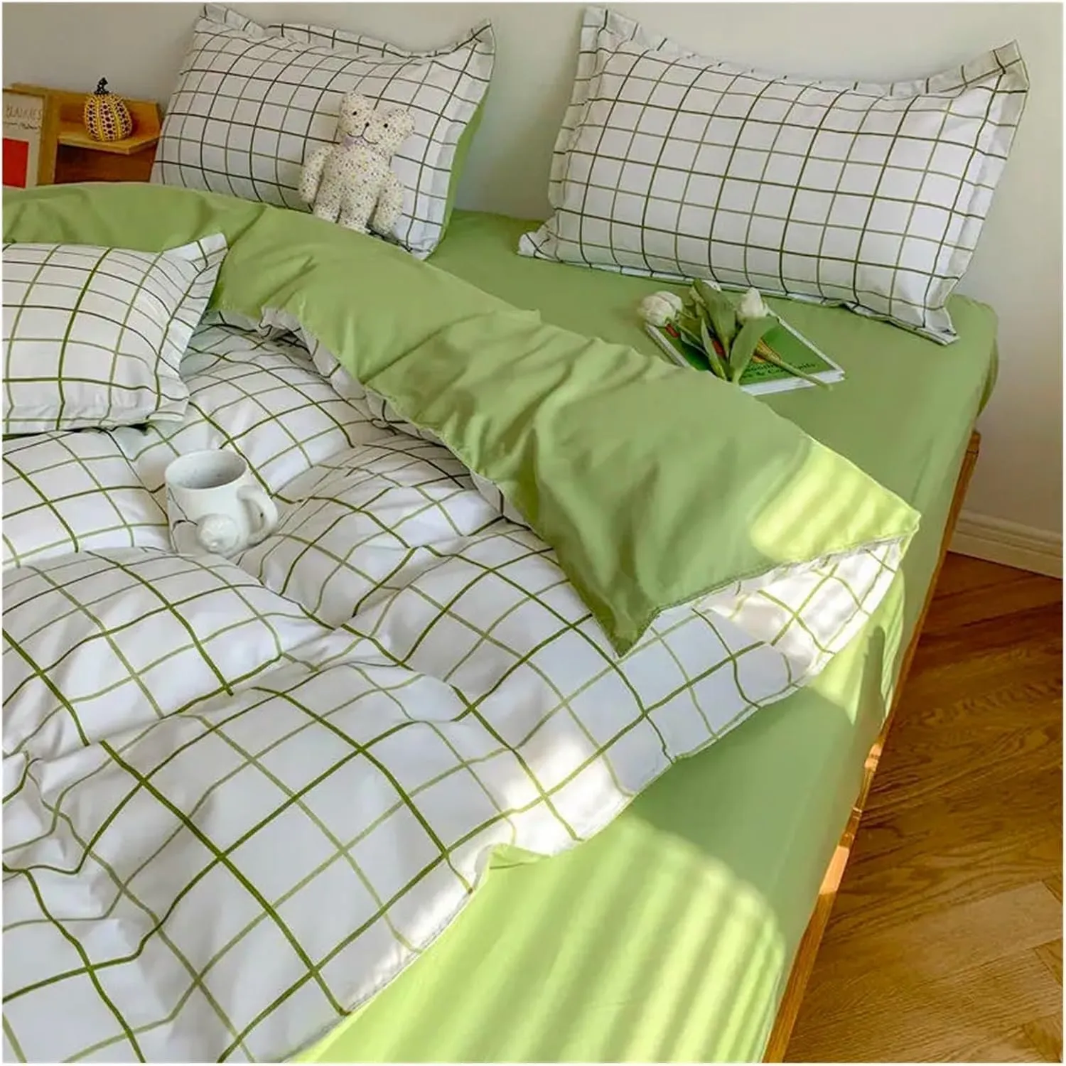 Winter Fashion Bedding Set White Green Double Bed Linens - Duvet Cover Pillowcase Queen Size Flat Sheet Classic Grid,Bedding Set(B,Twin 4pcs)