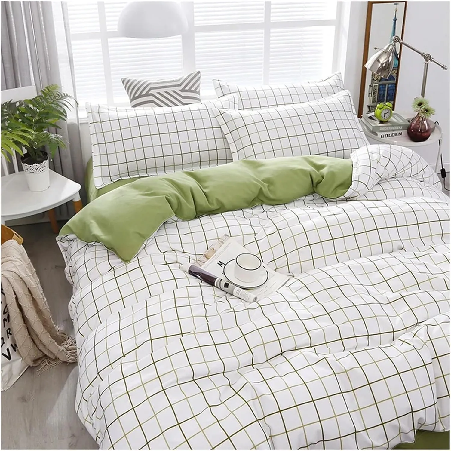 Winter Fashion Bedding Set White Green Double Bed Linens - Duvet Cover Pillowcase Queen Size Flat Sheet Classic Grid,Bedding Set(B,Twin 4pcs)