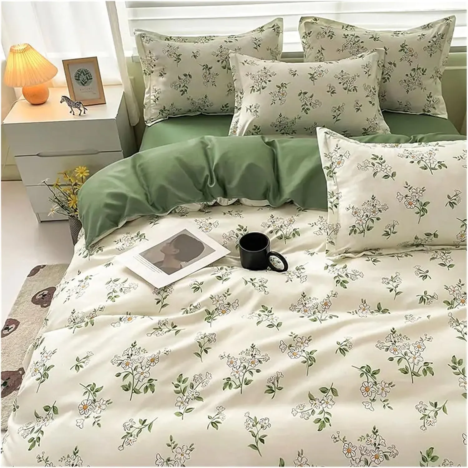 Winter Fashion Bedding Set White Green Double Bed Linens - Duvet Cover Pillowcase Queen Size Flat Sheet Classic Grid,Bedding Set(B,Twin 4pcs)