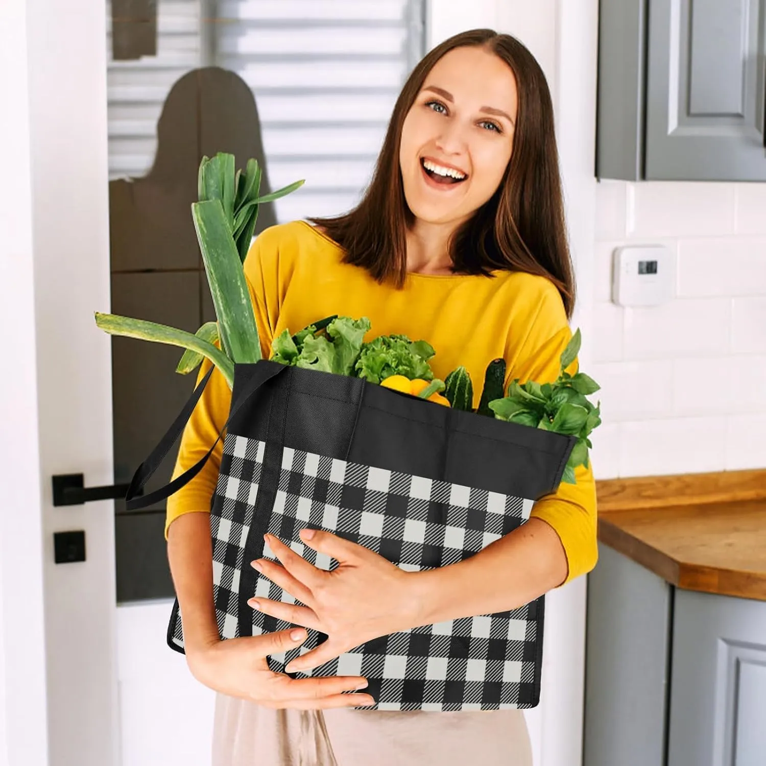 WISELIFE Reusable Grocery Shopping Bags 10 Pack Large Foldable Tote Bags Bulk, Long Handle for Shopping Groceries Clothes (Plaid A)