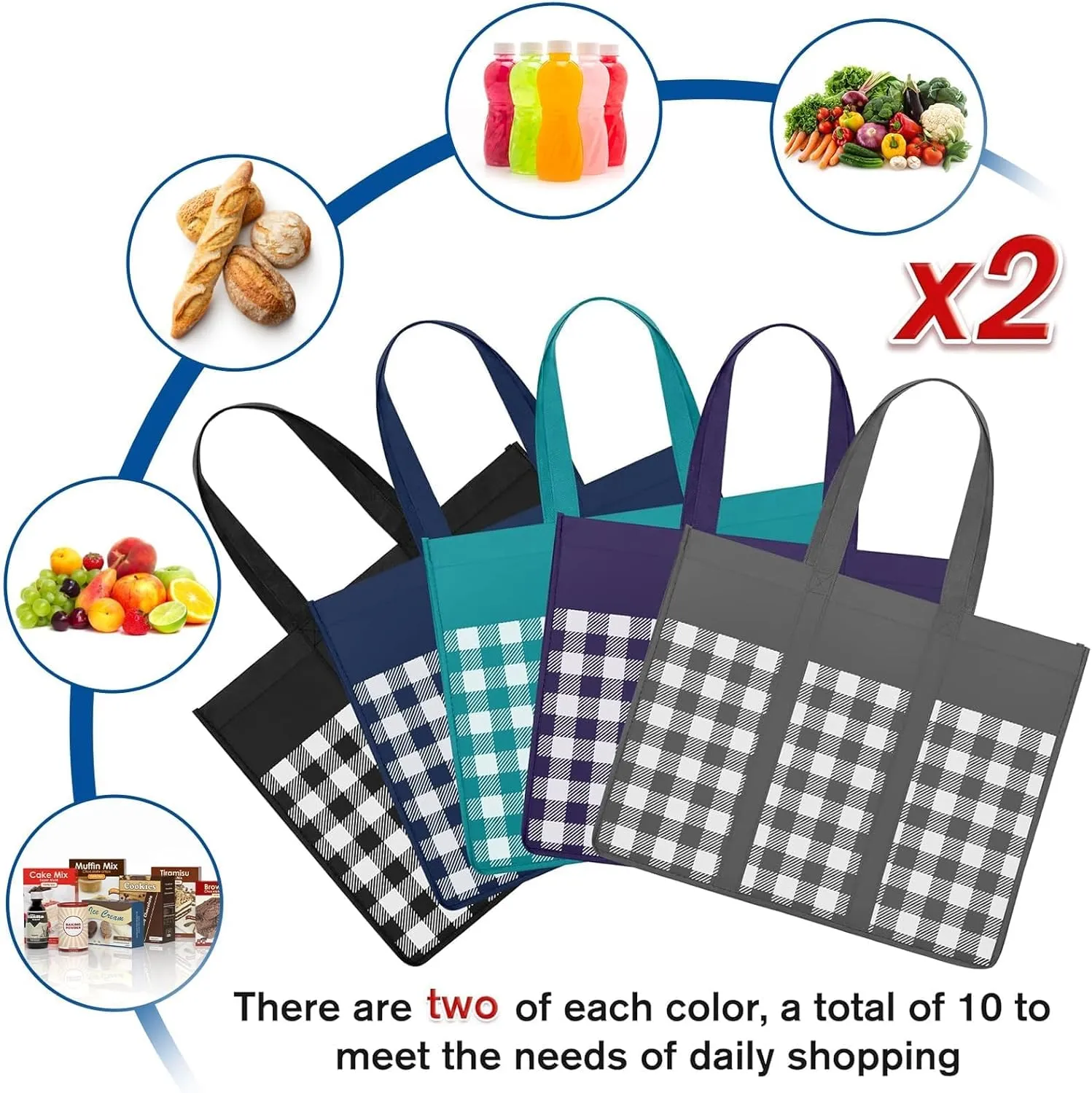 WISELIFE Reusable Grocery Shopping Bags 10 Pack Large Foldable Tote Bags Bulk, Long Handle for Shopping Groceries Clothes (Plaid A)