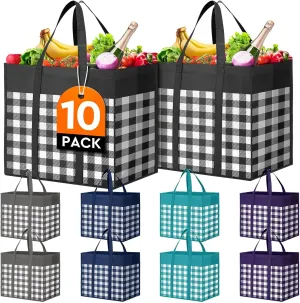 WISELIFE Reusable Grocery Shopping Bags 10 Pack Large Foldable Tote Bags Bulk, Long Handle for Shopping Groceries Clothes (Plaid A)