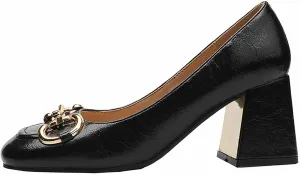 WOilERQ Women's Pump High Heels Square Head Shallow Mouth Chunky Block High Heel Metal Buckle Decorate Single Shoe LUS Size Fashion Shoes Suitable for Women,Black,40