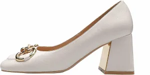 WOilERQ Women's Pump High Heels Square Head Shallow Mouth Chunky Block High Heel Metal Buckle Decorate Single Shoe LUS Size Fashion Shoes Suitable for Women,White,34