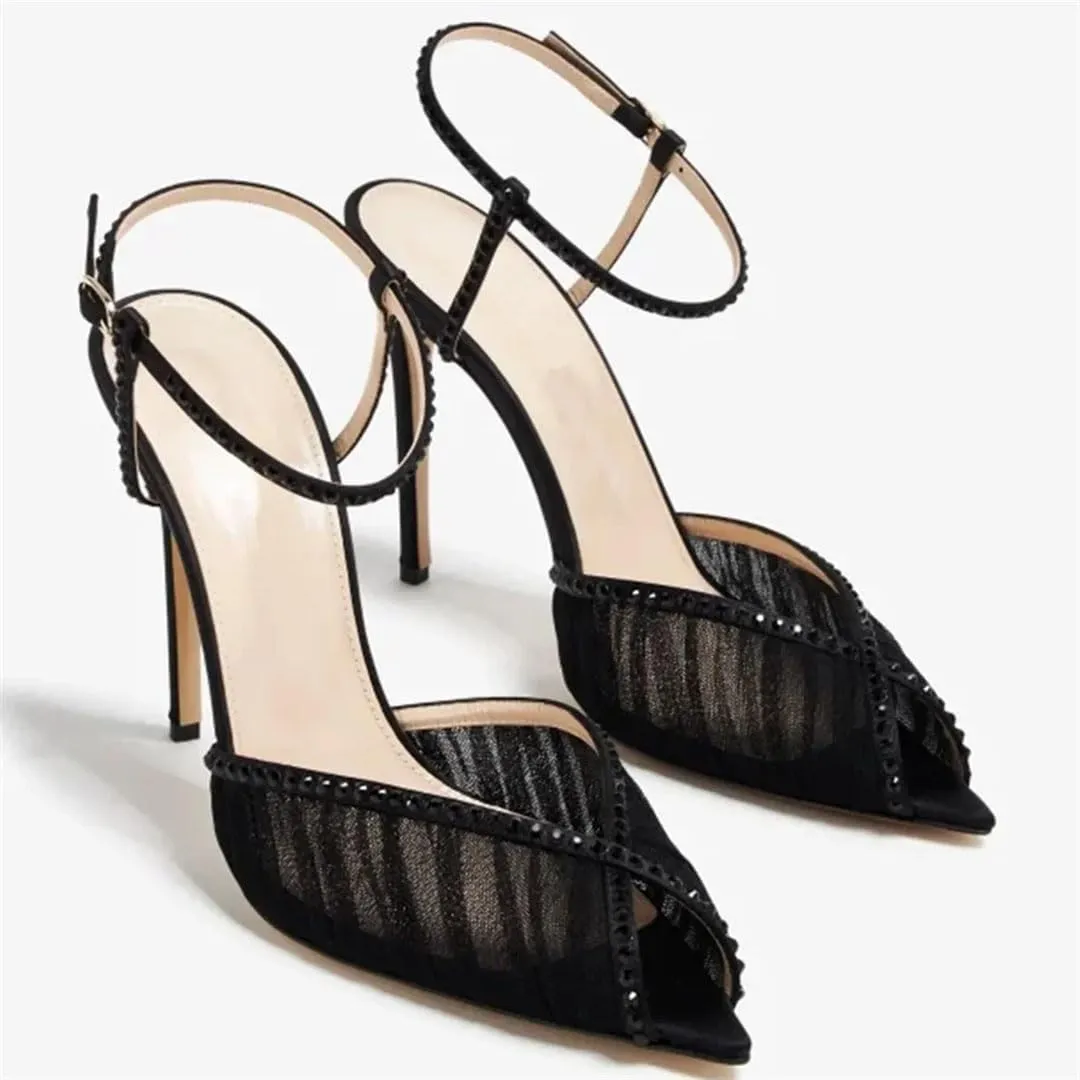 Women Crystal Peep Toe Ankle Buckle Strap Sandals Sexy Pointed Toe Oversize Fashion Modern Shoes Thin Heels