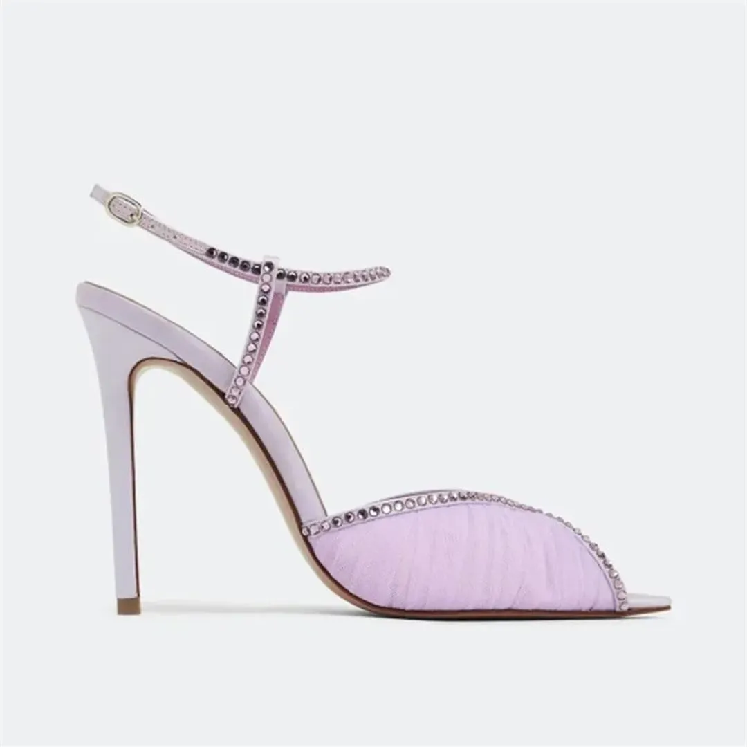 Women Crystal Peep Toe Ankle Buckle Strap Sandals Sexy Pointed Toe Oversize Fashion Modern Shoes Thin Heels