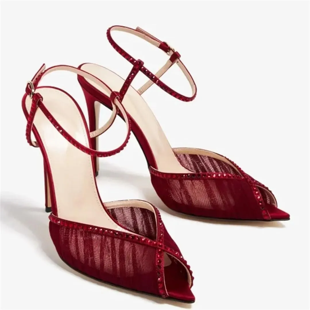 Women Crystal Peep Toe Ankle Buckle Strap Sandals Sexy Pointed Toe Oversize Fashion Modern Shoes Thin Heels