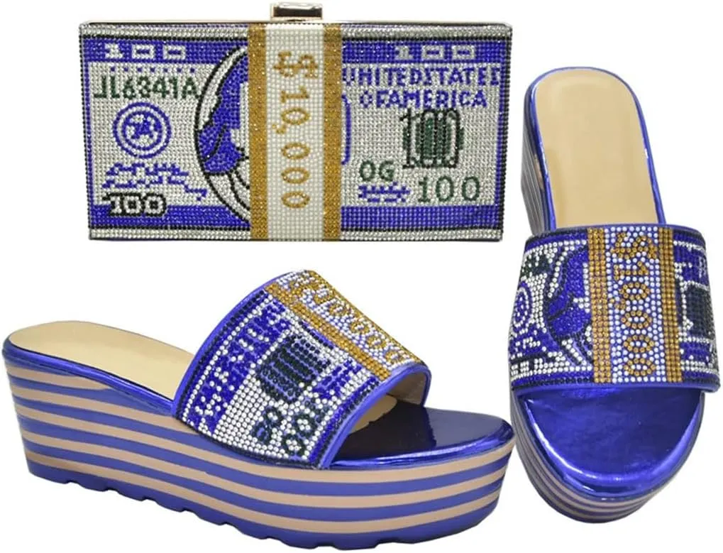 Women Fashion Peep Toe Wedge Heel Pumps with Matching Bag Metal Decor Buckle Strap Party Shoes