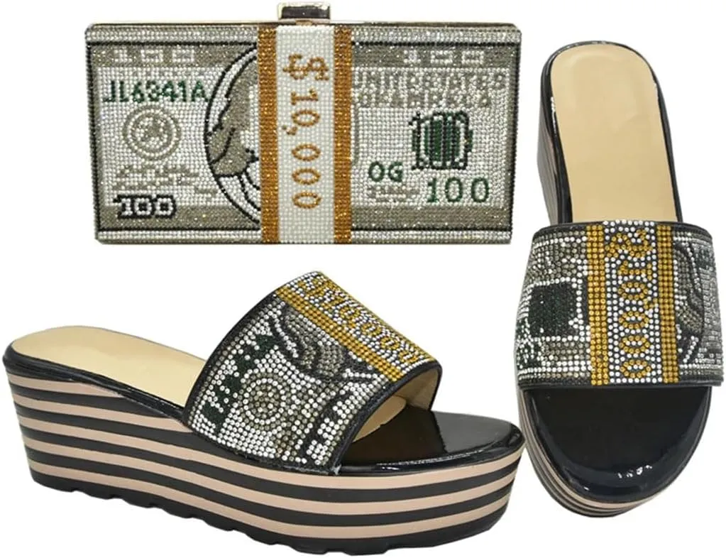 Women Fashion Peep Toe Wedge Heel Pumps with Matching Bag Metal Decor Buckle Strap Party Shoes