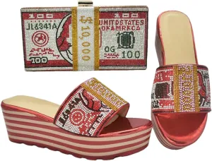 Women Fashion Peep Toe Wedge Heel Pumps with Matching Bag Metal Decor Buckle Strap Party Shoes