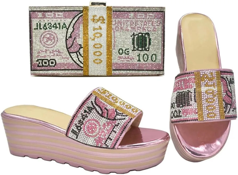 Women Fashion Peep Toe Wedge Heel Pumps with Matching Bag Metal Decor Buckle Strap Party Shoes