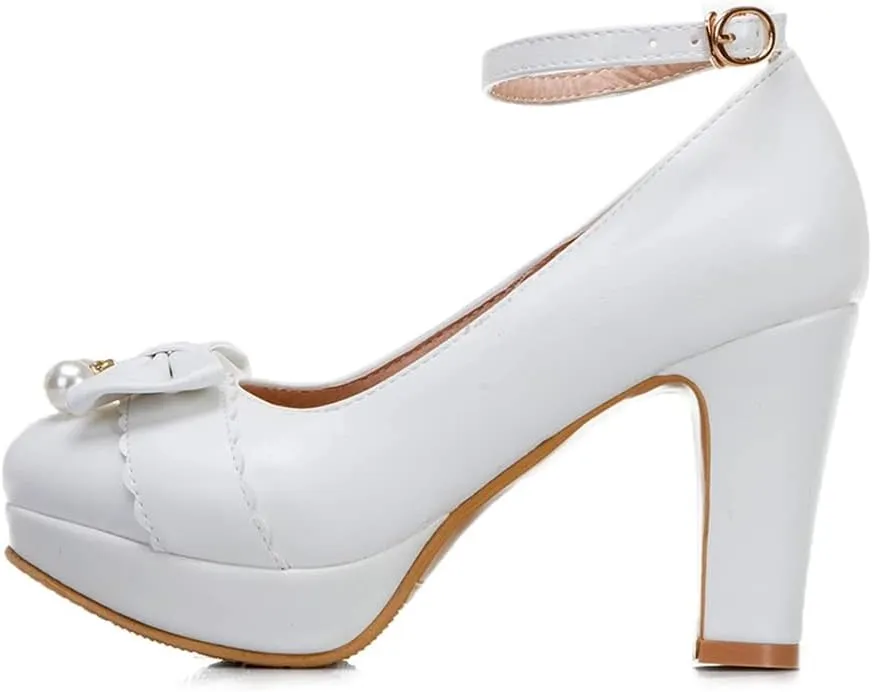 Women Fashion Round Toe Pumps Platform High Heels Ankle Buckle Strap Chunky Heeled Bow Dress Shoes