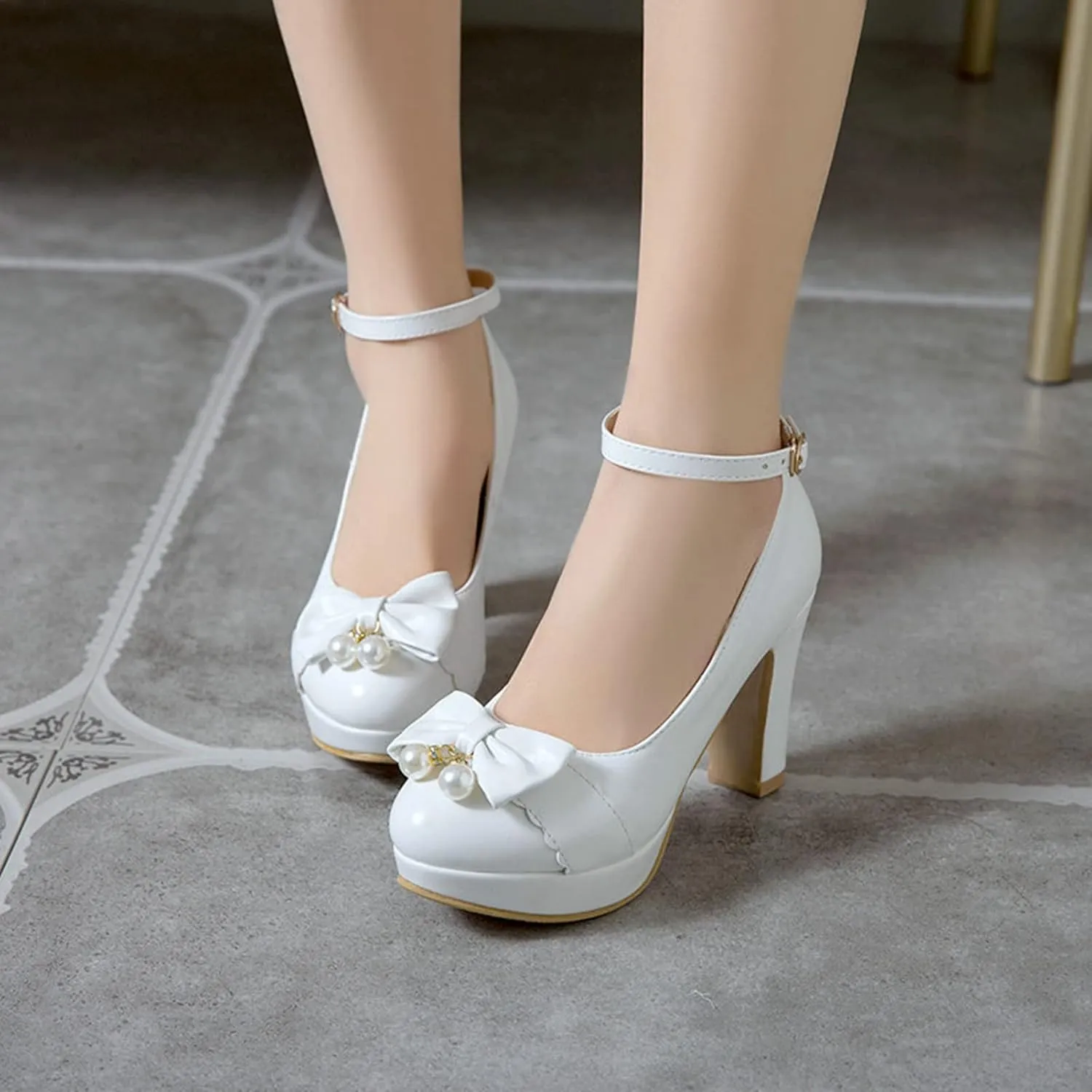 Women Fashion Round Toe Pumps Platform High Heels Ankle Buckle Strap Chunky Heeled Bow Dress Shoes