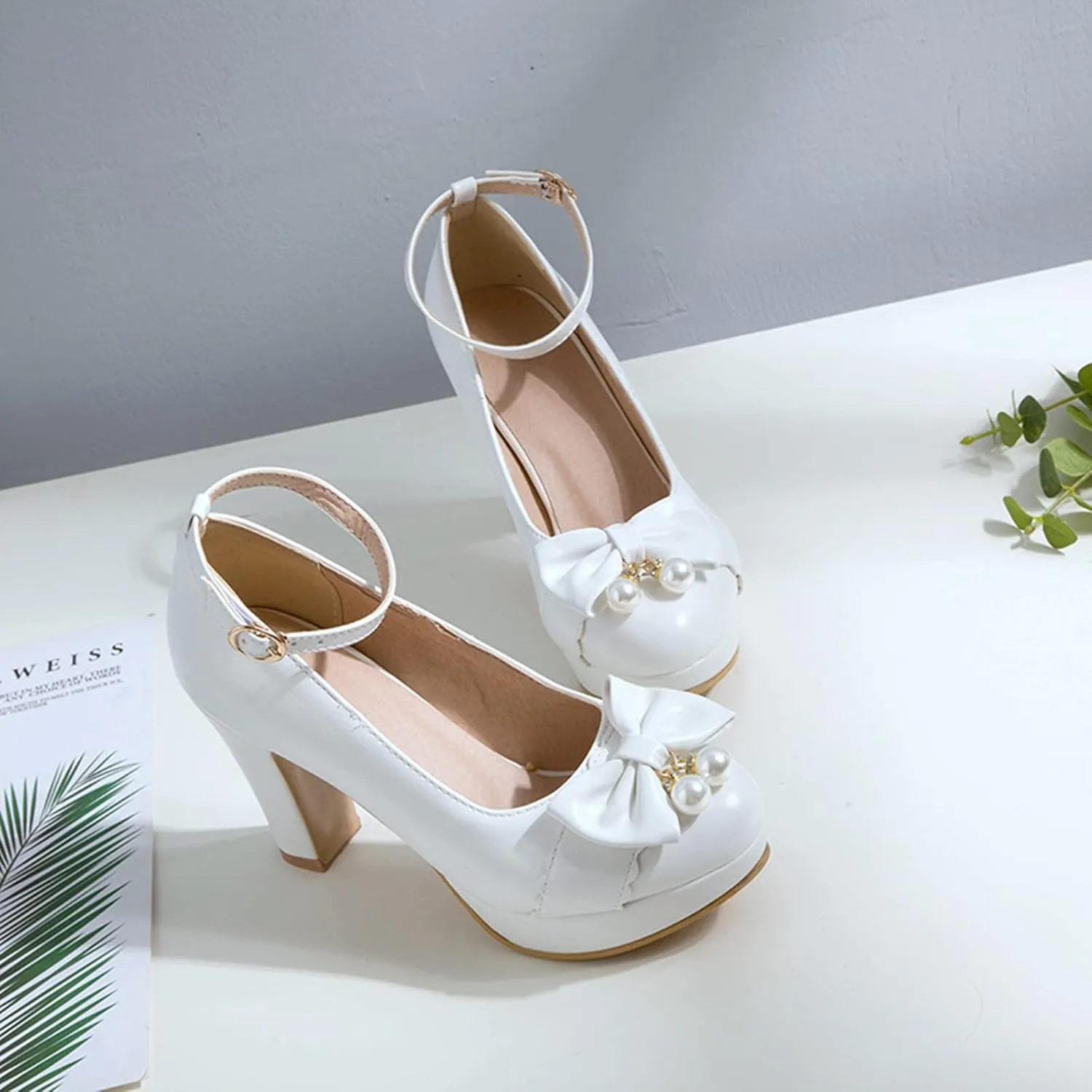 Women Fashion Round Toe Pumps Platform High Heels Ankle Buckle Strap Chunky Heeled Bow Dress Shoes