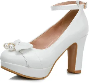 Women Fashion Round Toe Pumps Platform High Heels Ankle Buckle Strap Chunky Heeled Bow Dress Shoes
