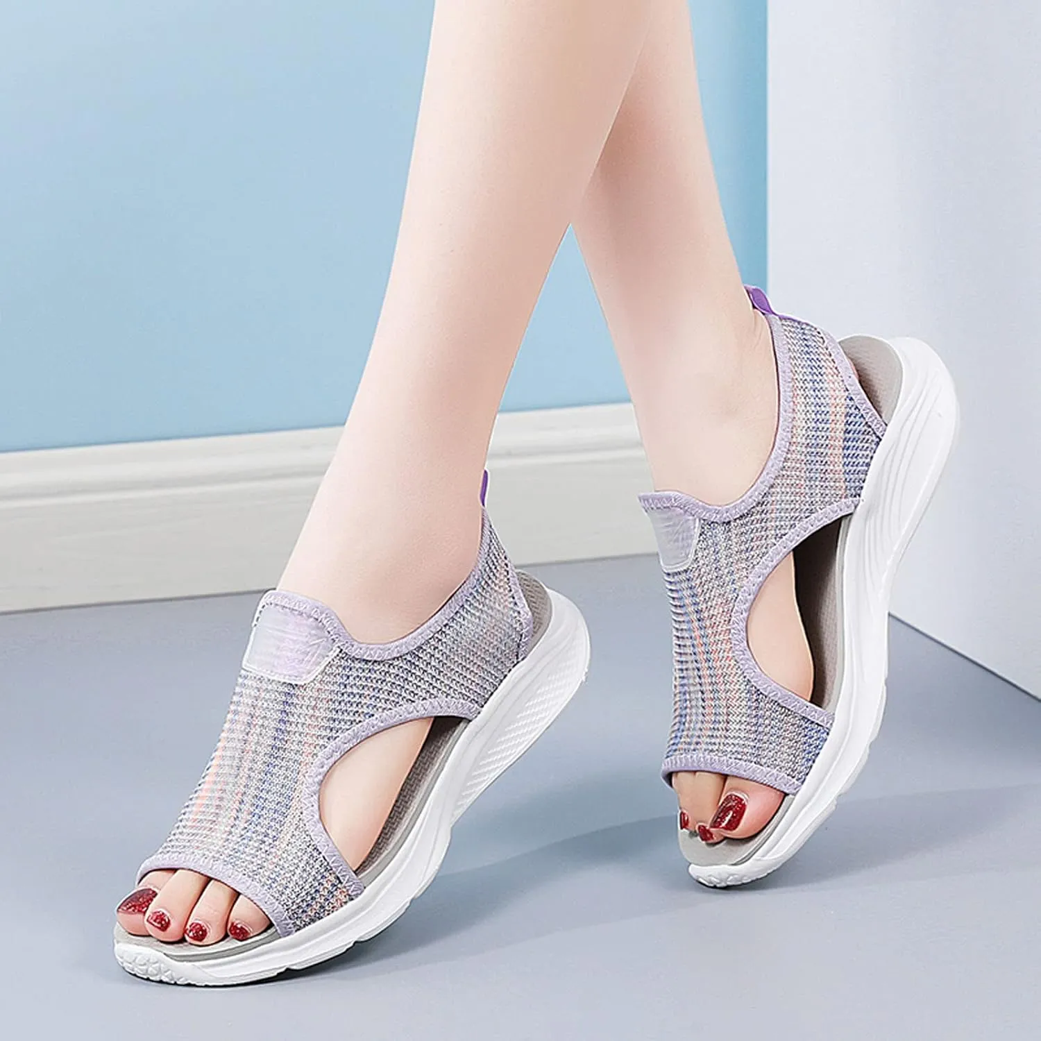 Women Mesh Beach Slip On Sport Casual Open Toe Flat Soft Bottom Breathable Shoes Sandals Women Comfortable