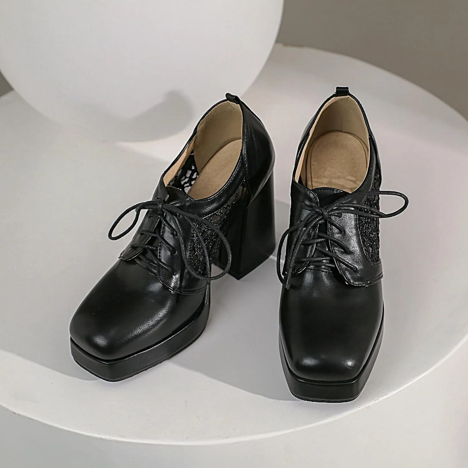 Women Square Toe Oxford Shoes Patent Leather Lace up Chunky Heel Brogue Booties Platform High Heel Pumps