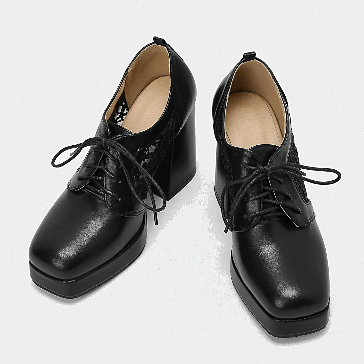 Women Square Toe Oxford Shoes Patent Leather Lace up Chunky Heel Brogue Booties Platform High Heel Pumps