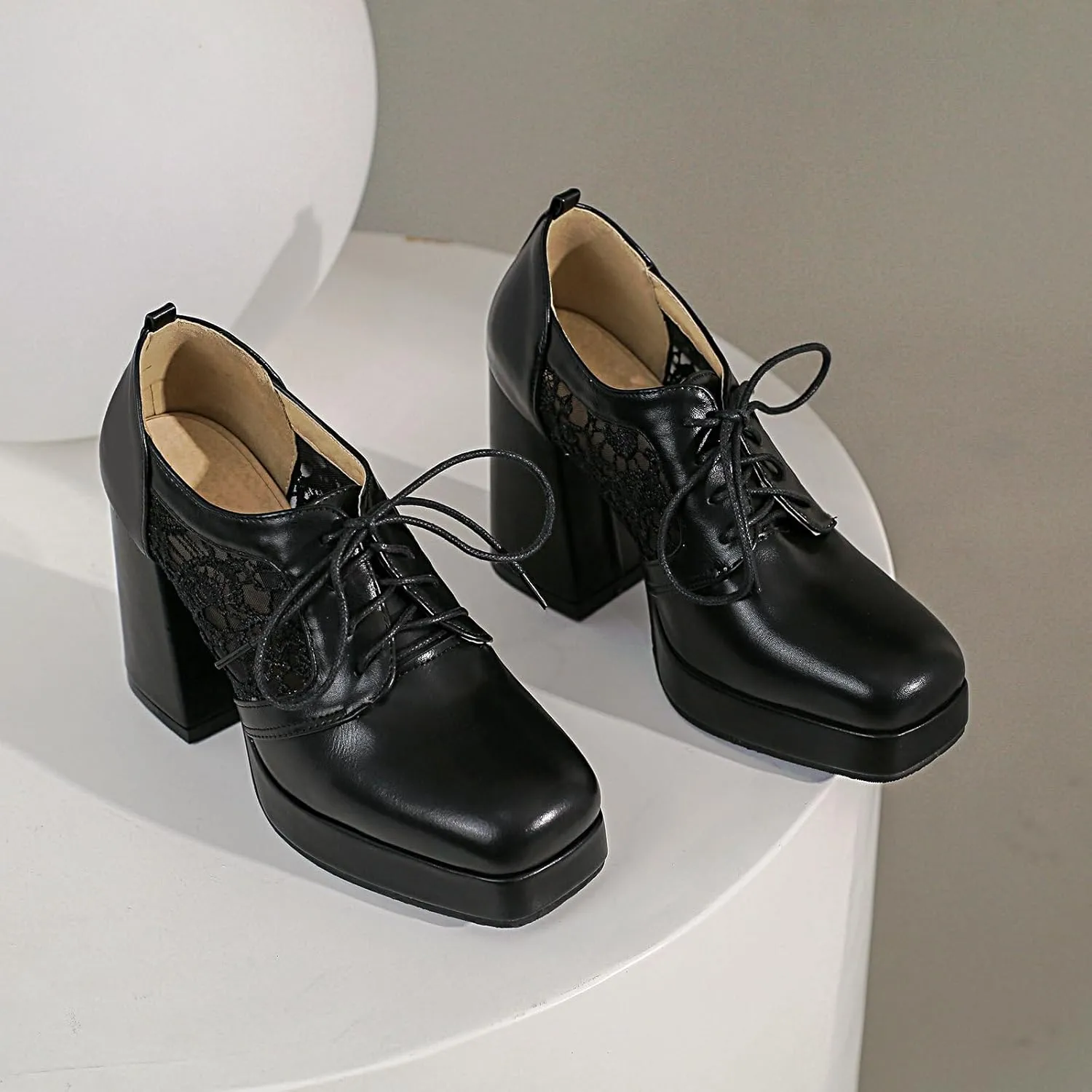 Women Square Toe Oxford Shoes Patent Leather Lace up Chunky Heel Brogue Booties Platform High Heel Pumps