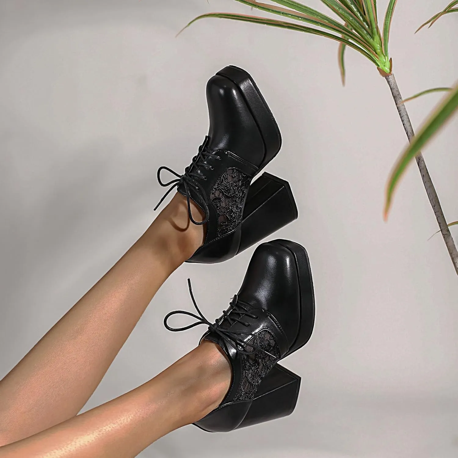 Women Square Toe Oxford Shoes Patent Leather Lace up Chunky Heel Brogue Booties Platform High Heel Pumps