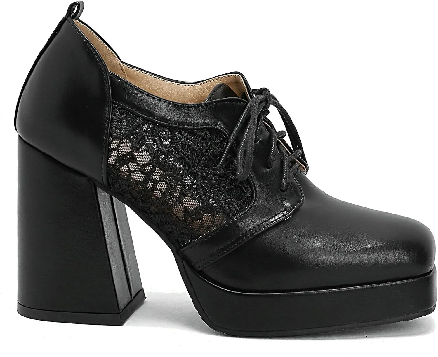 Women Square Toe Oxford Shoes Patent Leather Lace up Chunky Heel Brogue Booties Platform High Heel Pumps