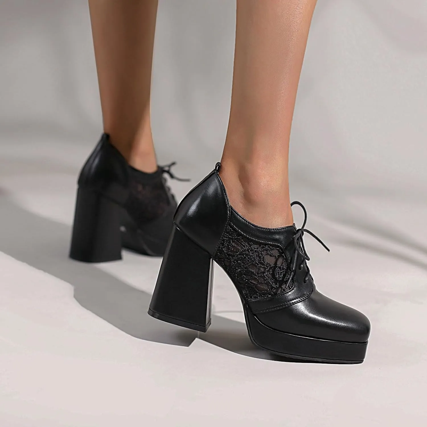 Women Square Toe Oxford Shoes Patent Leather Lace up Chunky Heel Brogue Booties Platform High Heel Pumps