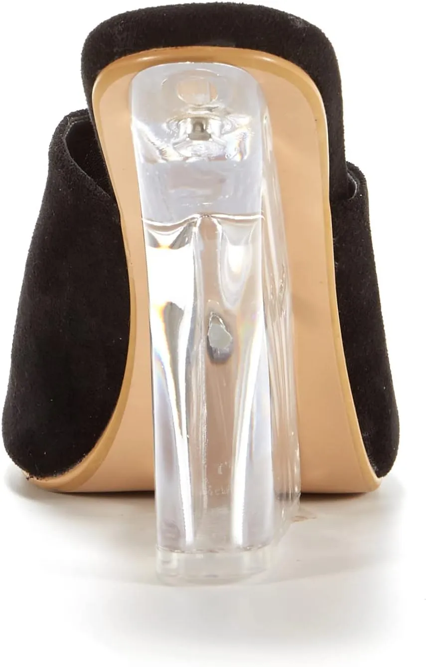 Women Suede Mule Sandal Slip on Clear Wedge Single Strap High Heel Transparent Daily Shoes Black