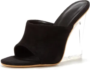 Women Suede Mule Sandal Slip on Clear Wedge Single Strap High Heel Transparent Daily Shoes Black