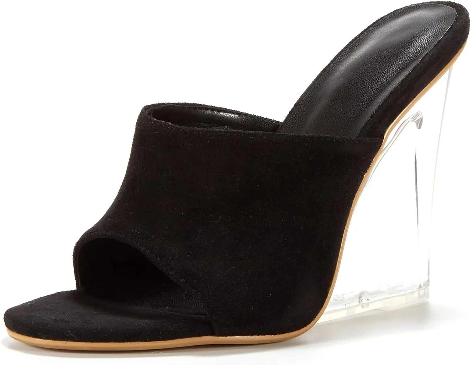 Women Suede Mule Sandal Slip on Clear Wedge Single Strap High Heel Transparent Daily Shoes Black
