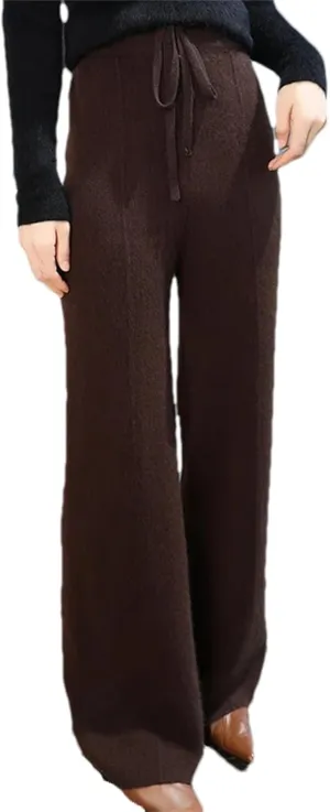Women Wide Leg Split Wool Knitting Pants Classic Solid Lace Up Soft Warm Stripe Trousers