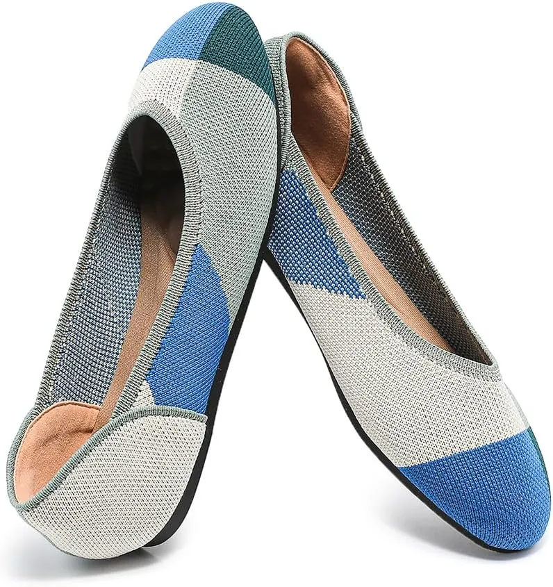 Women's Ballet Flat Knit Round Toe Slip On Walking Comfort Flexible Soft Shoes for Woman Low Wedge