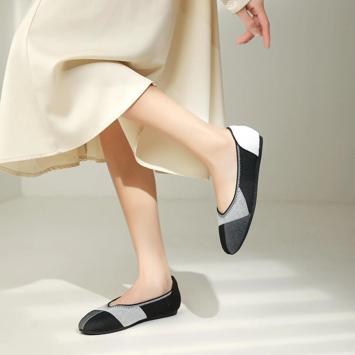 Women's Ballet Flat Knit Round Toe Slip On Walking Comfort Flexible Soft Shoes for Woman Low Wedge