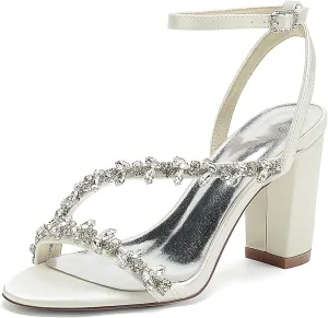Women's Block Chunky Heel Sandals Ankle Strap Crystal Bridal Wedding Dress Shoes Open Toe Formal Evening Prom Pump