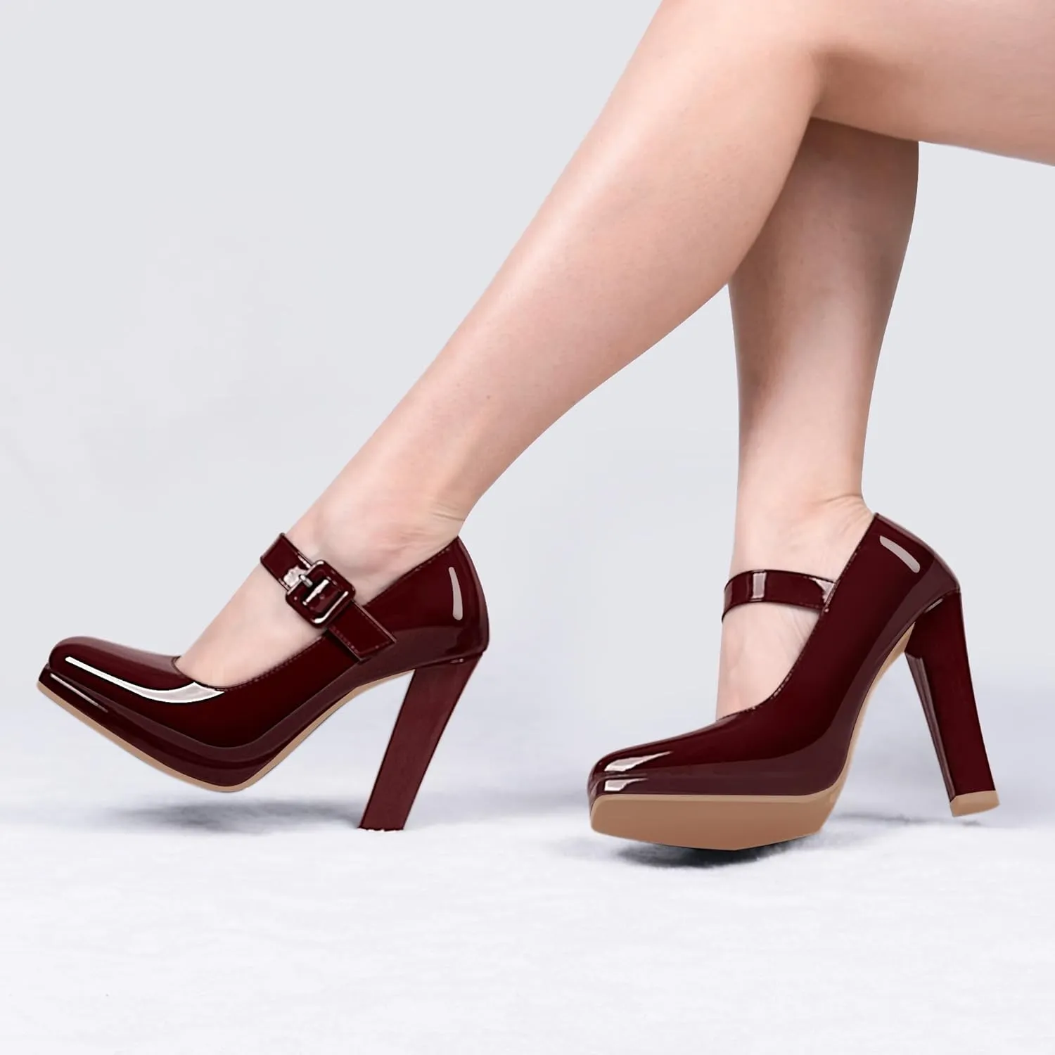 Women's Block High Heel Platform Mary Janes Shoes Buckle Strappy Square Toe Dress Pumps