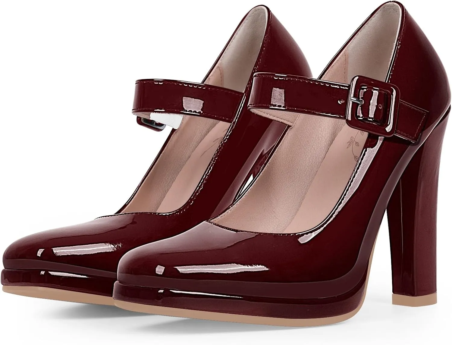 Women's Block High Heel Platform Mary Janes Shoes Buckle Strappy Square Toe Dress Pumps