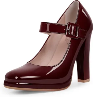 Women's Block High Heel Platform Mary Janes Shoes Buckle Strappy Square Toe Dress Pumps