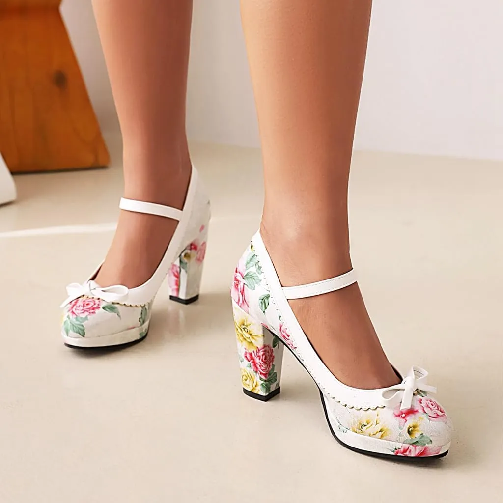 Women's Chunky Block High Heels Pumps Shoes Round Toe Platform Flowers Bow Mary Jane Dressy Shoes