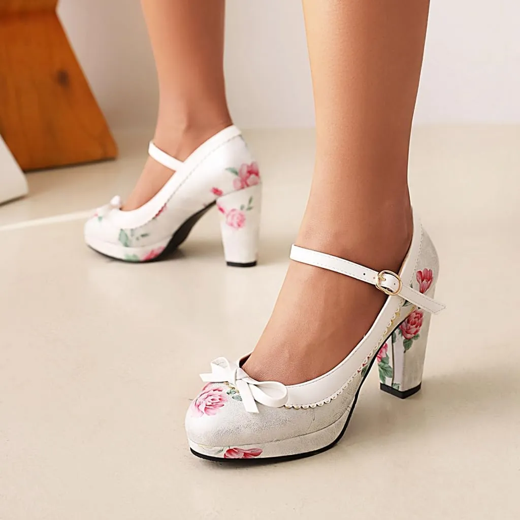 Women's Chunky Block High Heels Pumps Shoes Round Toe Platform Flowers Bow Mary Jane Dressy Shoes