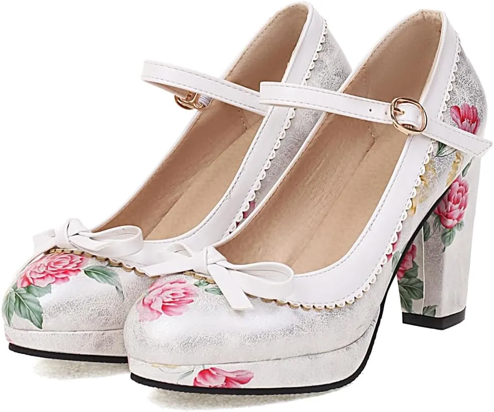 Women's Chunky Block High Heels Pumps Shoes Round Toe Platform Flowers Bow Mary Jane Dressy Shoes