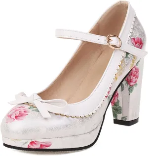 Women's Chunky Block High Heels Pumps Shoes Round Toe Platform Flowers Bow Mary Jane Dressy Shoes