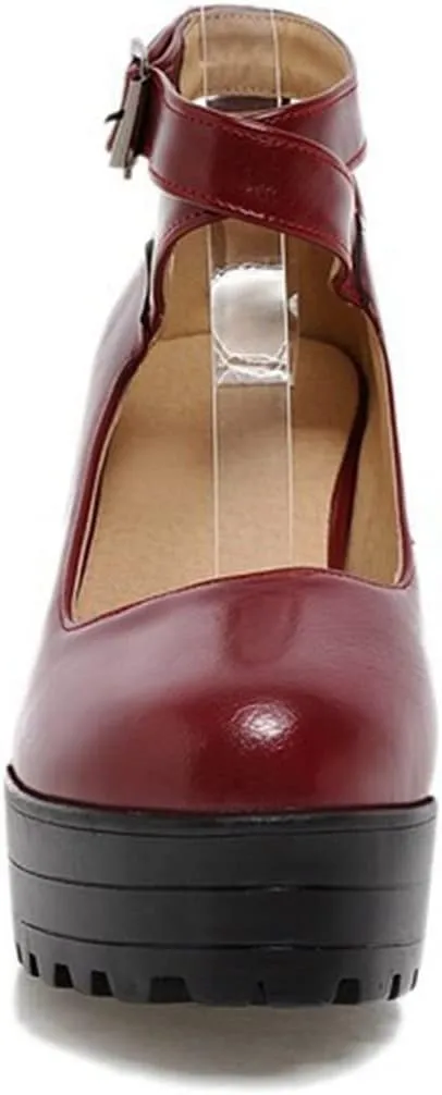 Womens Chunky High Heel Oxford Pumps Round Toe Ankle Cross Strap Fashion Leather Platform Dress Shoes