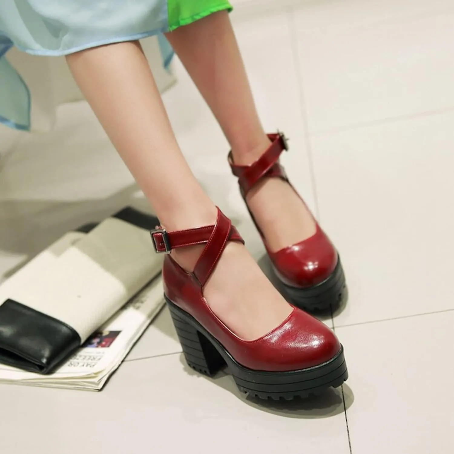 Womens Chunky High Heel Oxford Pumps Round Toe Ankle Cross Strap Fashion Leather Platform Dress Shoes
