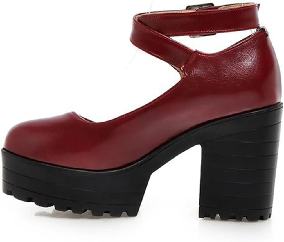Womens Chunky High Heel Oxford Pumps Round Toe Ankle Cross Strap Fashion Leather Platform Dress Shoes