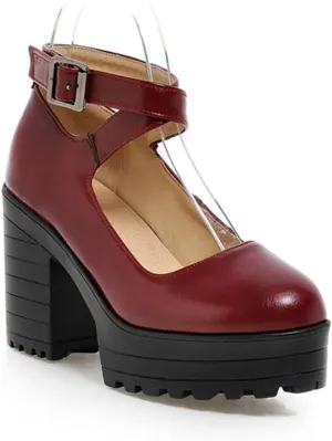 Womens Chunky High Heel Oxford Pumps Round Toe Ankle Cross Strap Fashion Leather Platform Dress Shoes