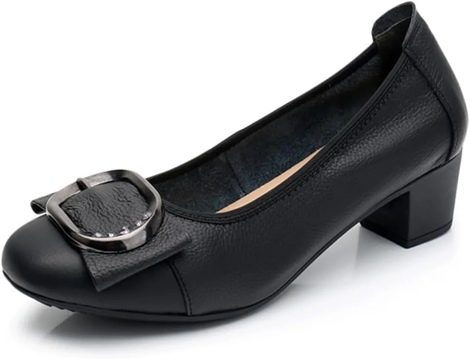 Women's Dressy Mid Heel Pumps with Metal Buckle, Classic Chunky Heel Pump Shoes Closed Round Toe Slip On Wedding Party Dress Shoes Block Chunky Heels for Office Evening
