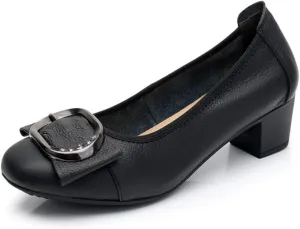 Women's Dressy Mid Heel Pumps with Metal Buckle, Classic Chunky Heel Pump Shoes Closed Round Toe Slip On Wedding Party Dress Shoes Block Chunky Heels for Office Evening