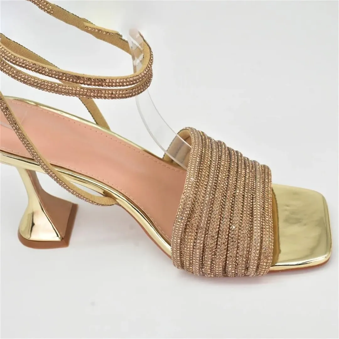 Women’S Elastic Band Rhinestone Slingback Spike Heel Pumps With Crystal Details Square Toe And Buckle Strap Closure Shoes