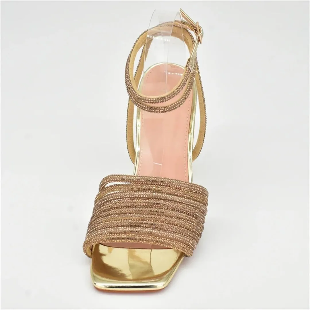 Women’S Elastic Band Rhinestone Slingback Spike Heel Pumps With Crystal Details Square Toe And Buckle Strap Closure Shoes